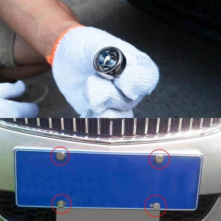 Anti Theft License Plate Screws 10 Sets Durable Metal zinc alloy tamper-resistant caps shown installed on car plate, close-up of screw held with gloved hand