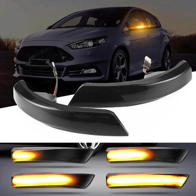 Ford LED Dynamic Turn Signal Light 2-Pack for Cars showing smoked ABS housings and amber dynamic LED turn signals on a hatchback