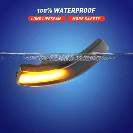 Ford LED Dynamic Turn Signal Light 2-Pack for Cars shown illuminated underwater to highlight 100% waterproof ABS housing and dynamic amber LED signal