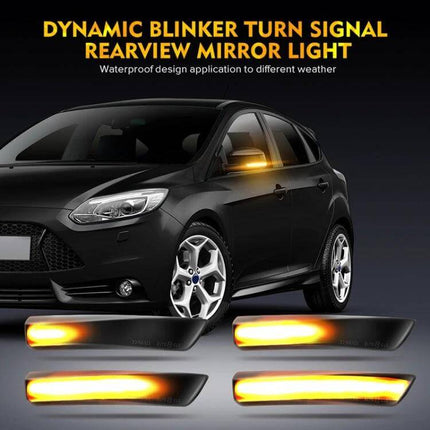 Ford LED Dynamic Turn Signal Light 2-Pack for Cars on black Ford hatchback showing amber dynamic mirror turn signals, ABS housing, weather-resistant
