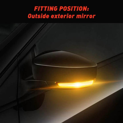 Ford LED Dynamic Turn Signal Light 2-Pack for Cars shown installed on outside exterior mirror with amber dynamic LED signal active