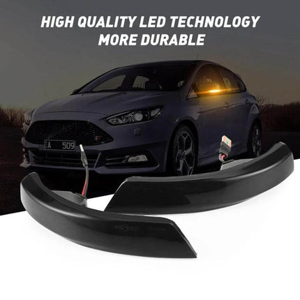 Ford LED Dynamic Turn Signal Light 2-Pack for Cars - black ABS housing dynamic LED indicators shown on Ford hatchback, weather-resistant replacement