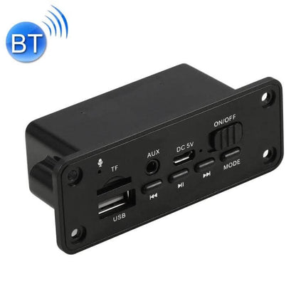 Car MP3 Audio Player Board with Bluetooth and FM Radio Support - black panel with USB, TF, AUX, DC5V, mode and on/off controls