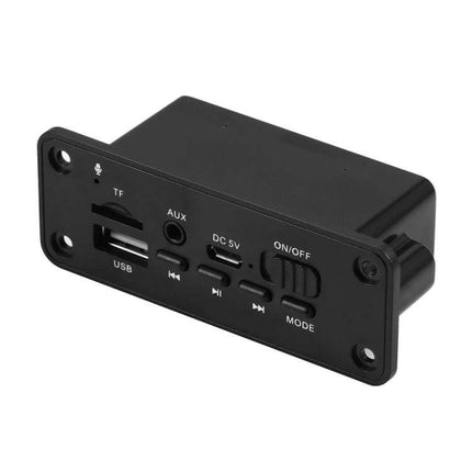 Car MP3 Audio Player Board with Bluetooth and FM Radio Support - black panel with USB, TF, AUX, DC 5V, buttons and mode switch