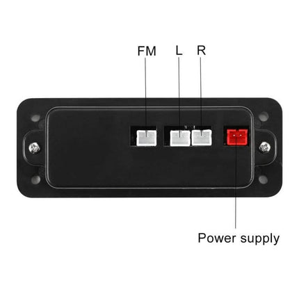 Car MP3 Audio Player Board with Bluetooth and FM Radio Support rear panel showing FM, L, R outputs and power supply connector
