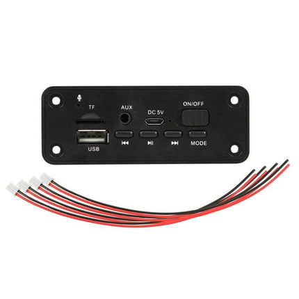 Car MP3 Audio Player Board with Bluetooth and FM Radio Support black front panel showing USB, TF slot, AUX, buttons and wiring harness