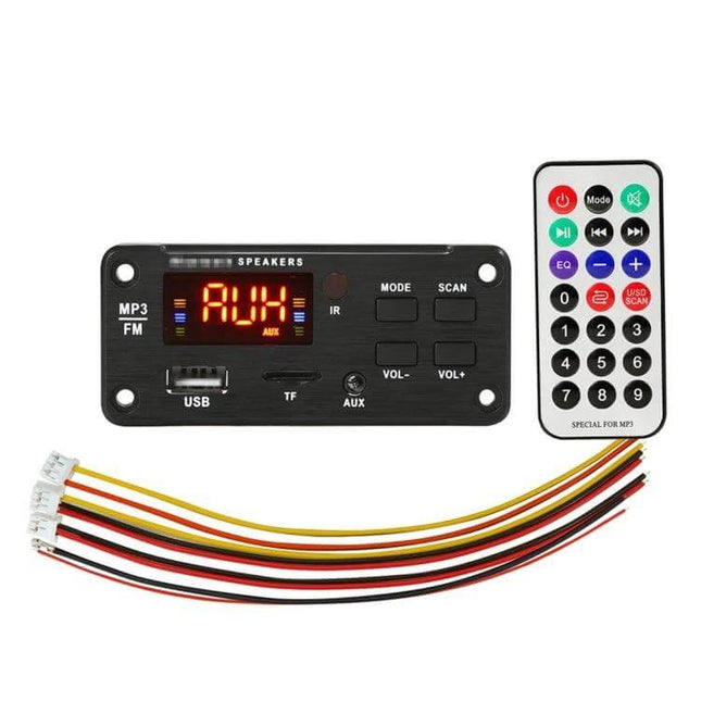 Bluetooth Car MP3 Player with FM Radio and Remote Control showing USB TF AUX display wiring harness and remote