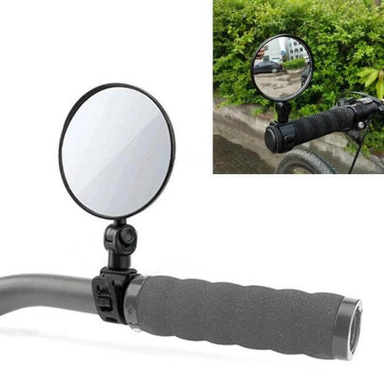 Universal Bicycle Rearview Mirror 360 Degree Rotating mounted on handlebar showing clear rear view for safer city and trail rides