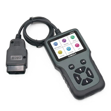 A Practical Tool for Everyday Vehicle Maintenance and Checks OBD2 scanner plugged into car diagnostic port with screen showing diagnostics