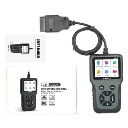 A Practical Tool for Everyday Vehicle Maintenance and Checks - OBD2 scanner plugged into car diagnostic port with display and cable