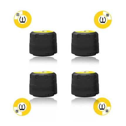 Reliable Tire Pressure Monitoring for Daily Vehicle Safety Checks — four black Bluetooth tire sensors with yellow tops and alert icons