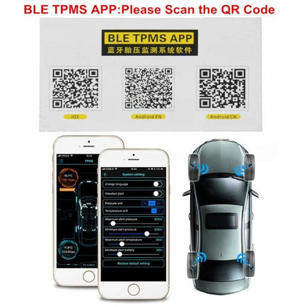 Reliable Tire Pressure Monitoring for Daily Vehicle Safety Checks - BLE TPMS app showing QR codes, phone alerts and tire sensors