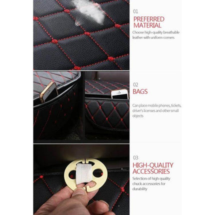 Universal Anti-Slip Car Rear Seat Cushion for 5-Seater Vehicles - black quilted anti-slip rear seat protector with red stitching and storage pockets