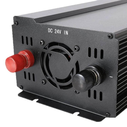Reliable Car Power Inverter for Roadside Device Charging - 24V DC input with red and black terminals and cooling fan, compact portable design