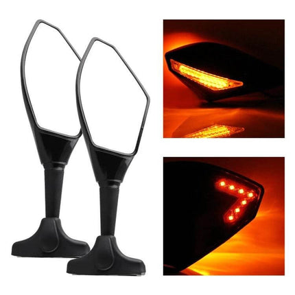 Motorcycle Rear View Mirror Set with Lights in Carbon Fiber Black showing dual mirrors and integrated amber LED turn signals