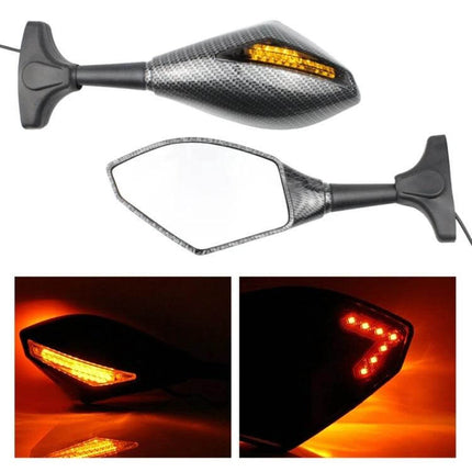 Motorcycle Rear View Mirror Set with Lights in Carbon Fiber Black showing integrated amber LED turn signals and reflective mirrors