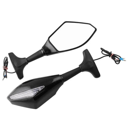 Motorcycle Rear View Mirror Set with Lights in Carbon Fiber Black — pair of black mirrors with integrated LED turn signals and wiring