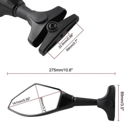 Motorcycle Rear View Mirror Set with Lights in Carbon Fiber Black showing dimensions and mounting details