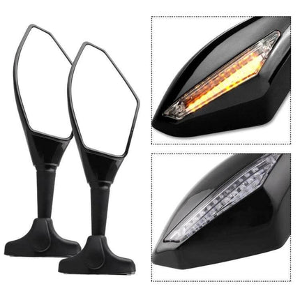 Motorcycle Rear View Mirror Set with Lights in Carbon Fiber Black - pair of LED turn signal mirrors