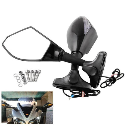 Motorcycle Rear View Mirror Set with Lights in Carbon Fiber Black - pair with integrated turn signals and mounting hardware