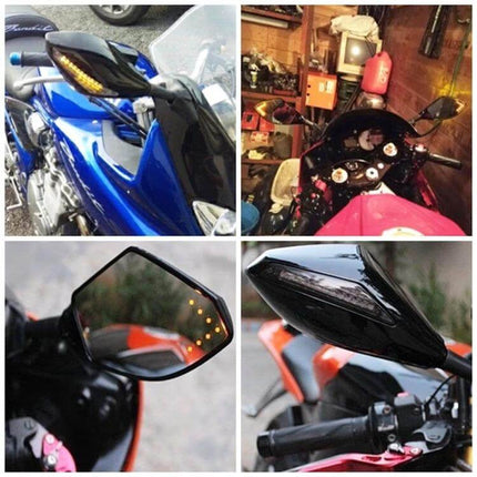 Motorcycle Rear View Mirror Set with Lights in Carbon Fiber Black - integrated turn signal mirrors for improved visibility