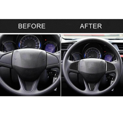 Carbon Fiber Steering Wheel Decorative Sticker for Honda Fit shown before and after installation on Honda Fit steering wheel