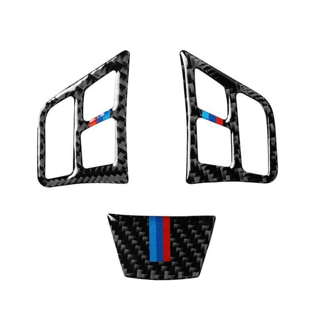 Tricolor Carbon Fiber Steering Wheel Decorative Sticker for BMW Vehicles – tricolor carbon fiber trim pieces with blue red stripe accents