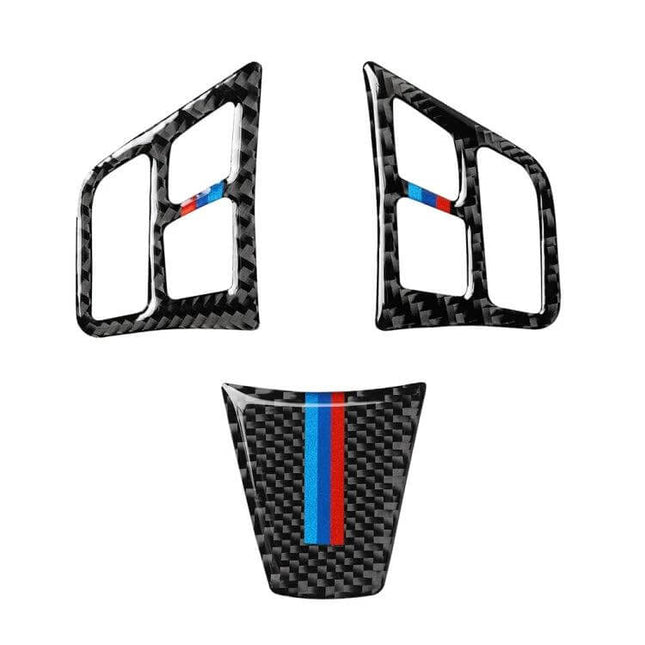 Tricolor Carbon Fiber Steering Wheel Decorative Sticker for BMW 3 Series installed on carbon fiber wheel trim pieces