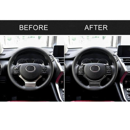 Carbon Fiber Steering Wheel Button Decor Stickers for Lexus Models shown before and after installation on Lexus steering wheel