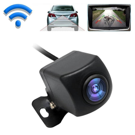 Wide Angle Wireless WiFi Rear View Camera for Safe Backup compact wireless rearview camera showing WiFi icon and smartphone display