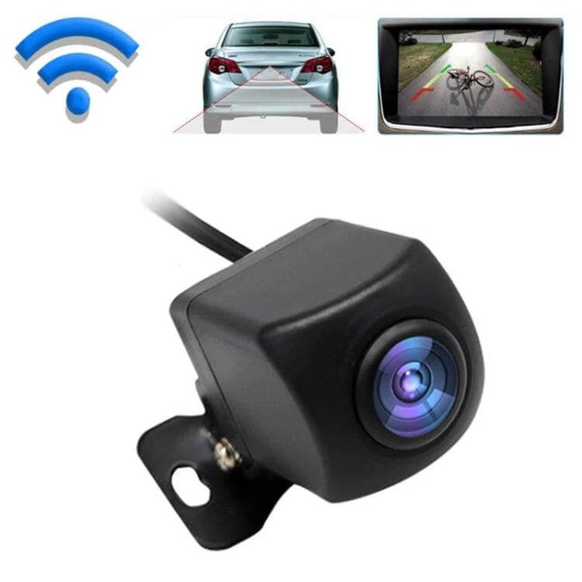 Wide Angle Wireless WiFi Rear View Camera for Safe Backup compact wireless rearview camera showing WiFi icon and smartphone display