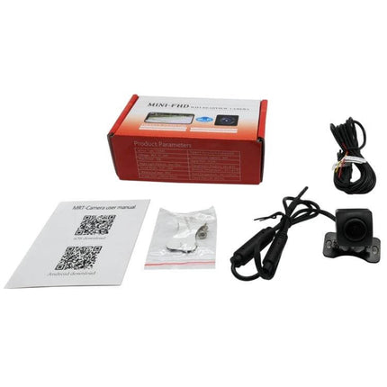 Wide Angle Wireless WiFi Rear View Camera for Safe Backup kit shown with camera, cables, mounting hardware and user manual