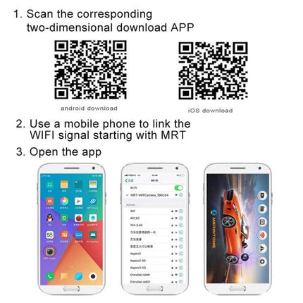 Wide Angle Wireless WiFi Rear View Camera for Safe Backup showing QR codes and smartphone app setup screens