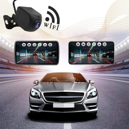 Wide Angle Wireless WiFi Rear View Camera for Safe Backup showing wireless camera and smartphone reversing view