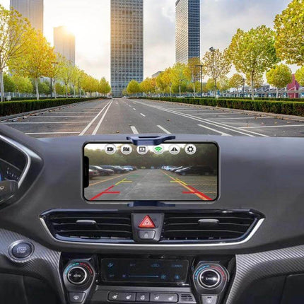 Wide Angle Wireless WiFi Rear View Camera for Safe Backup showing smartphone app displaying parking guide lines in car dashboard