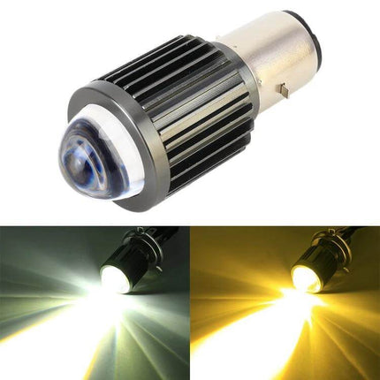 Bicolor White and Yellow Motorcycle Headlights with Projector Lens showing projector bulb and white and yellow beam options
