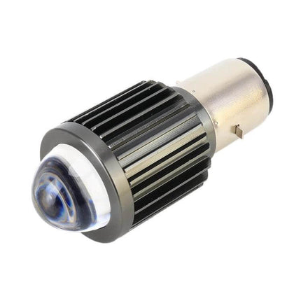 Bicolor White and Yellow Motorcycle Headlights with Projector Lens showing projector bulb, COB bead, wide voltage, compact heat sink design