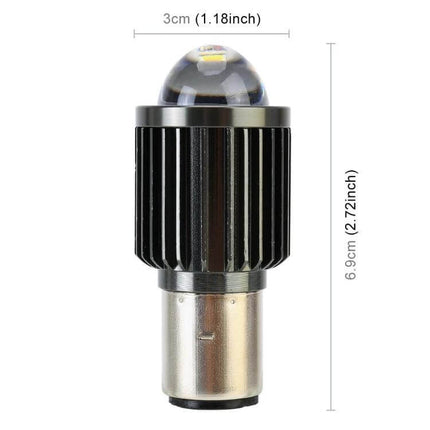 Bicolor White and Yellow Motorcycle Headlights with Projector Lens compact COB projector bulb shown with dimensions