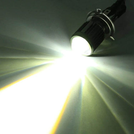 Bicolor White and Yellow Motorcycle Headlights with Projector Lens showing bright white and yellow beam from COB projector lamp