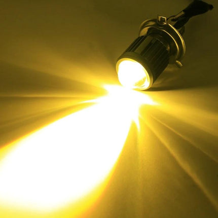 Bicolor White and Yellow Motorcycle Headlights with Projector Lens showing bright yellow beam from COB projector lamp