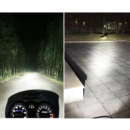 Bicolor White and Yellow Motorcycle Headlights with Projector Lens showing bright white road and pavement illumination from a motorcycle view
