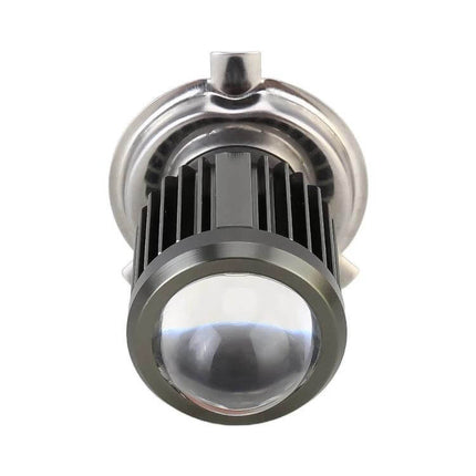 Bicolor Projector Lens Motorcycle Headlights for Everyday Riding front view of bicolor projector lens headlight with cooling fins and clear lens