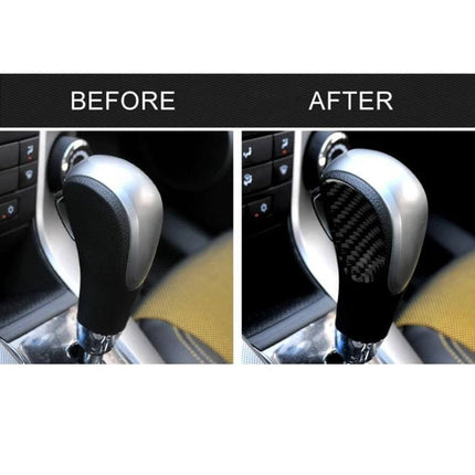 Carbon Fiber Decorative Sticker for Car Gear Shift Panel shown on gear shift before and after application
