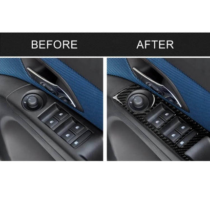 Carbon Fiber Decorative Sticker for Chevrolet Cruze Right Switch shown before and after installation on door switch panel