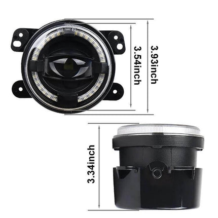 4 Inch LED Angel Eyes Fog Lights For Jeep Wrangler And Dodge - front and side view with dimensions showing 3.93in x 3.54in x 3.34in