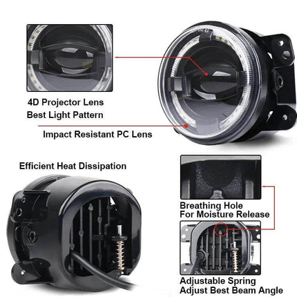 4 Inch LED Angel Eyes Fog Lights For Jeep Wrangler And Dodge rugged 4-inch projector fog light with angel eye ring, impact-resistant lens, heat dissipation