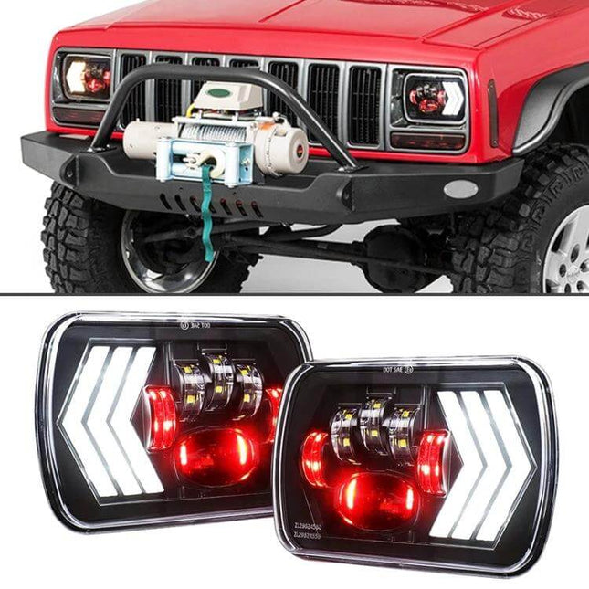 Jeep Wrangler 5x7 Inch Red Background LED Square Headlamp shown installed on red Jeep with close-up of red-background LED square headlamps