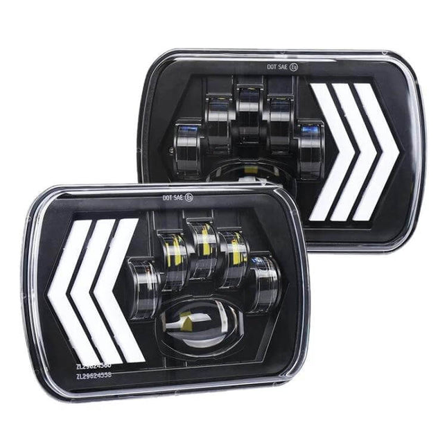 Jeep Wrangler 5x7 Inch Red Background LED Square Headlamp - pair of rectangular LED headlights with chevron daytime running lights, red housing compatible with 12–24V vehicles