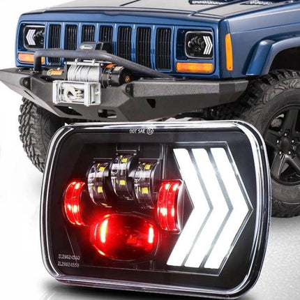 Jeep Wrangler 5x7 Inch Red Background LED Square Headlamp shown installed on blue Jeep Wrangler front for upgraded night visibility