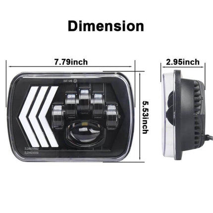 Jeep Wrangler 5x7 Inch Red Background LED Square Headlamp showing dimensions 7.79 x 5.53 x 2.95 inch for easy fit and installation